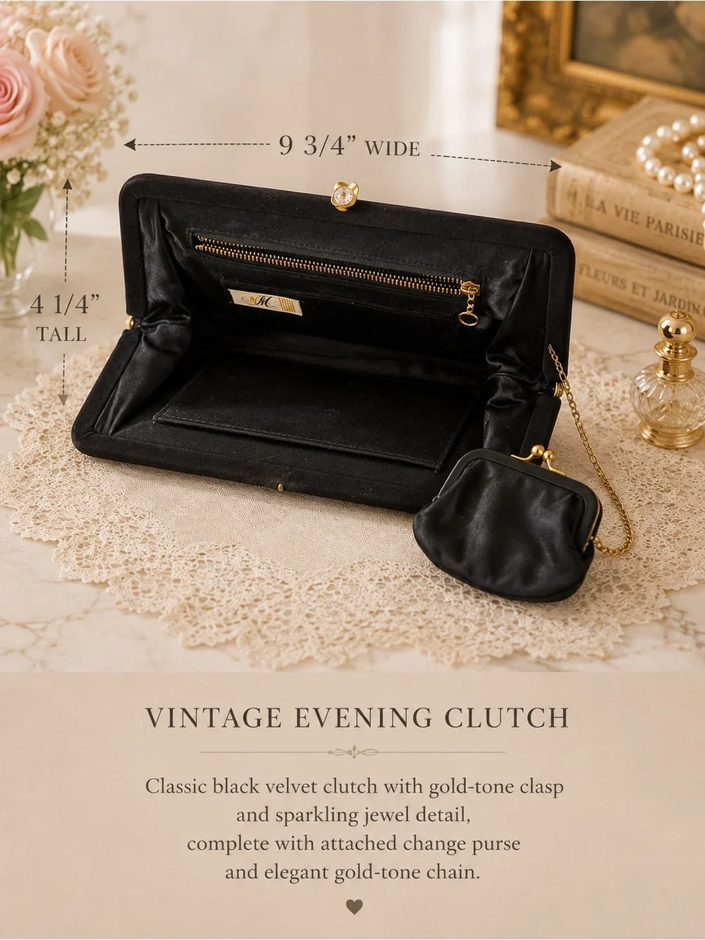 Vintage Morris Moskowitz MM Black Velvet Clutch Jeweled Evening Bag